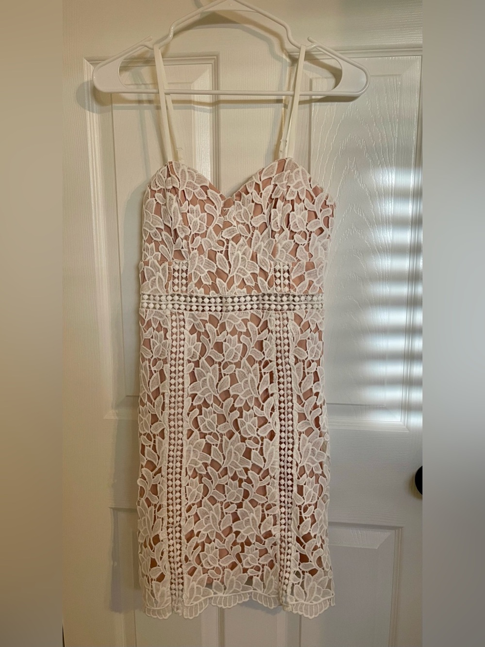 Lulu's White Lace Overlay on Nude Slip Strapless Dress